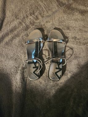 Anne Klein Metallic Silver Braided T-Strap Sandals